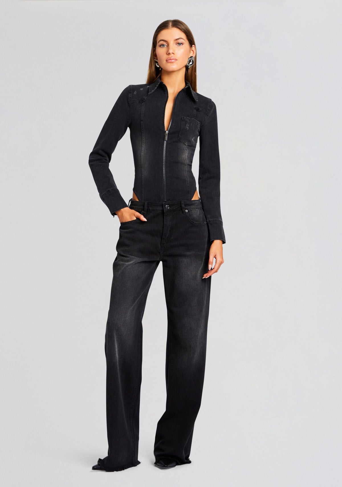 Helena Denim Bodysuit by SEROYA in Midnight Terry, product image 2