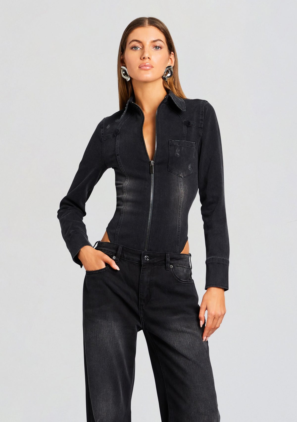Helena Denim Bodysuit by SEROYA in Midnight Terry, product image 1
