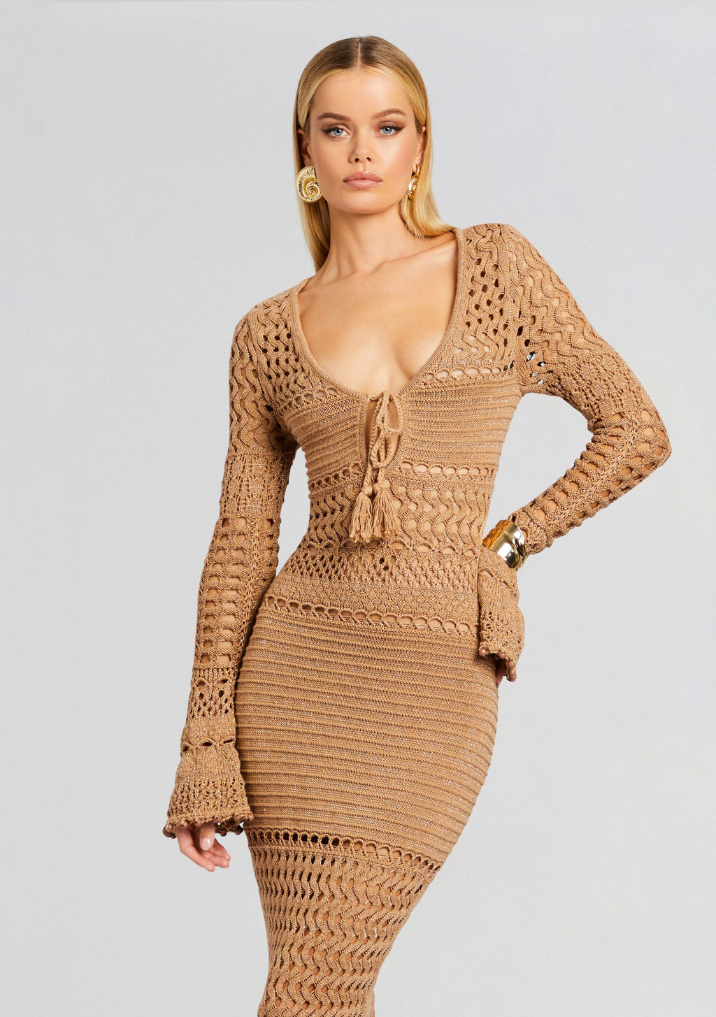 Sereno Metallic Crochet Dress by retrofête in Metallic Nude Bronze, product image 5