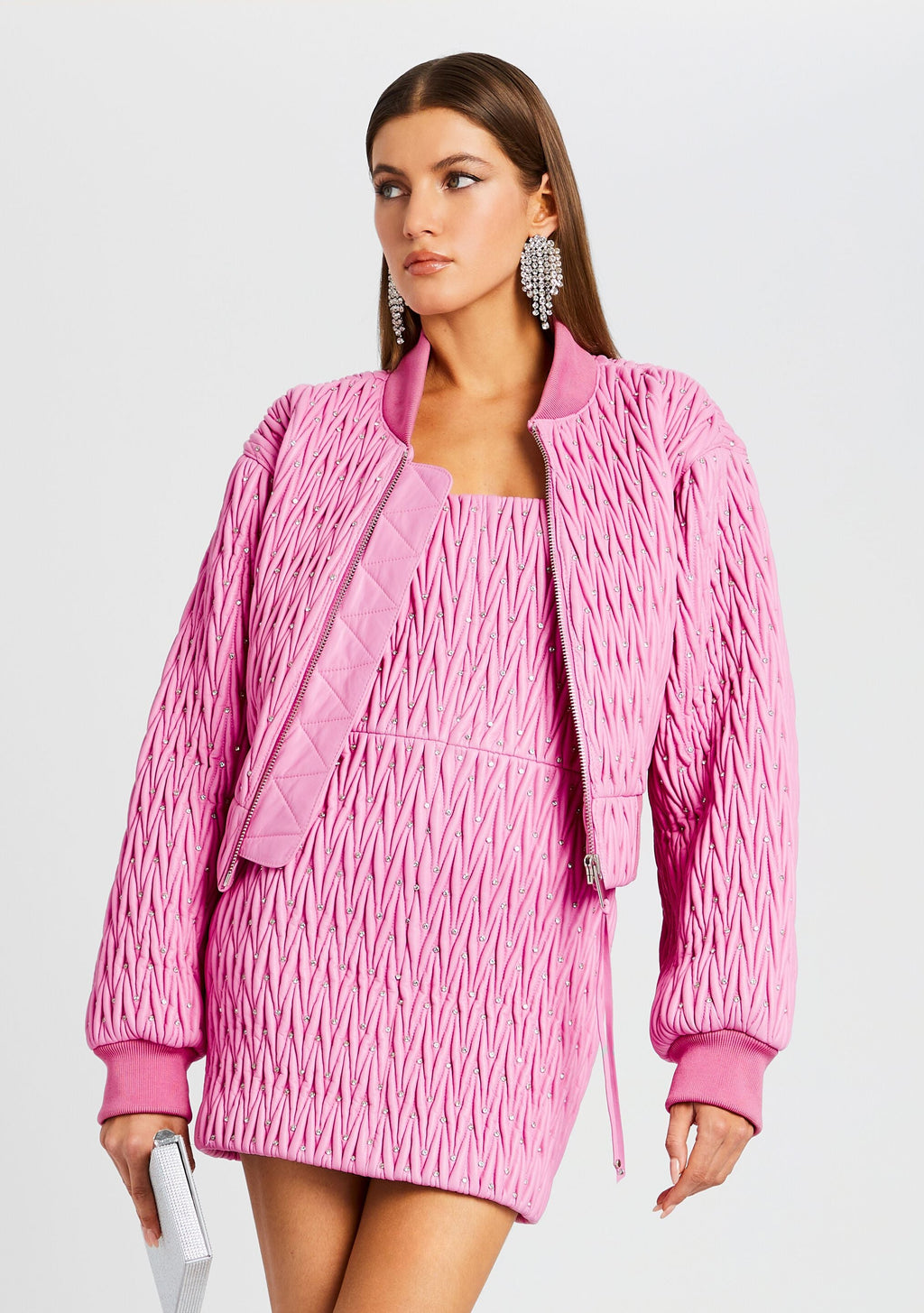 Morgana Embellished Leather Jacket by retrofête in Begonia Pink, product image 1
