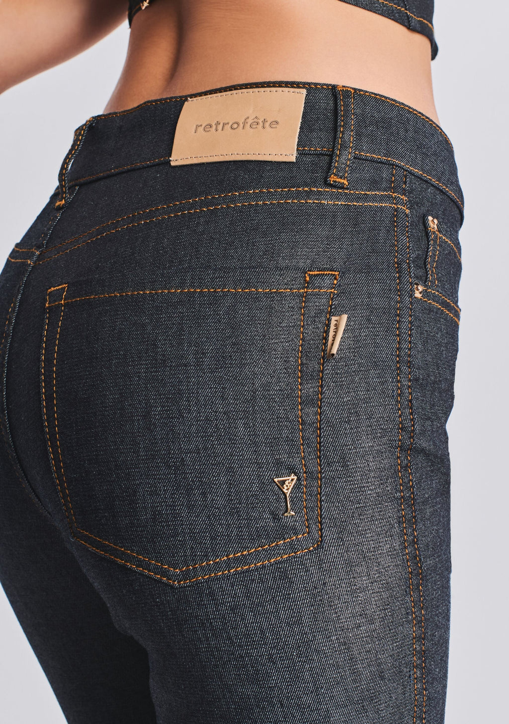 Moore Mid Rise Flare Jean by retrofête in Dark Denim Foiling, product image 2
