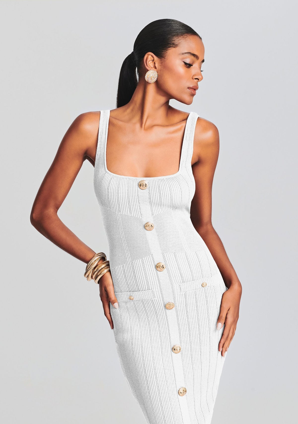 Laney Knit Dress by retrofête in White/Gold, product image 2