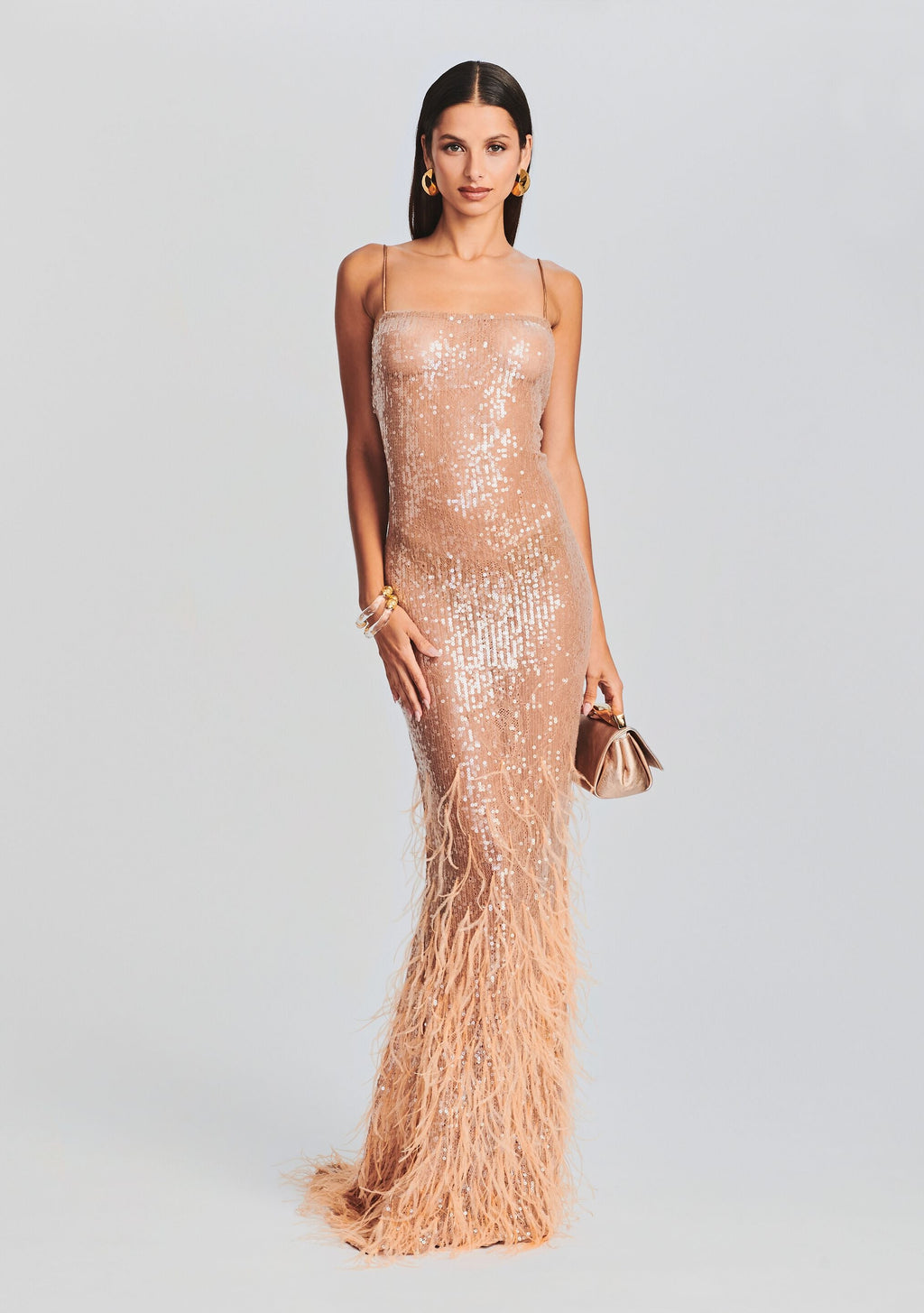 Odessa Sequin Feather Dress by retrofête in Tannin, product image 1