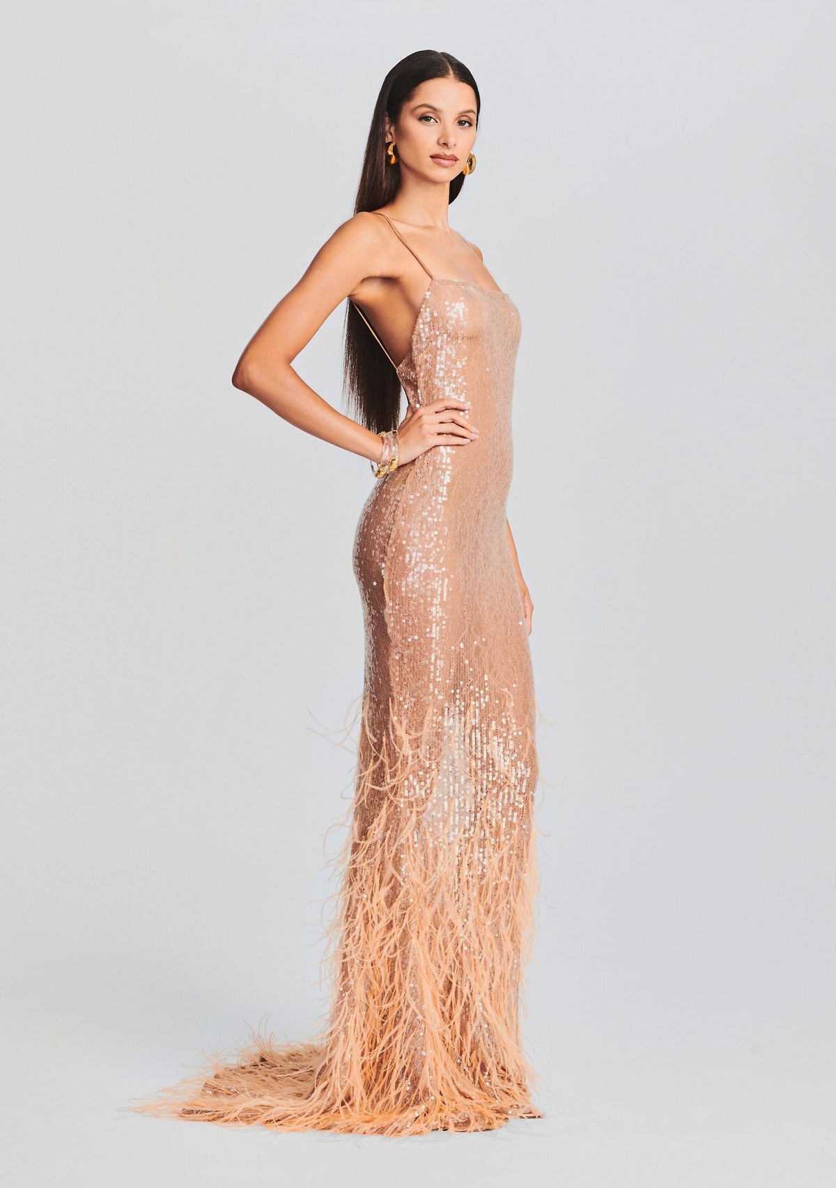 Odessa Sequin Feather Dress by retrofête in Tannin, product image 3