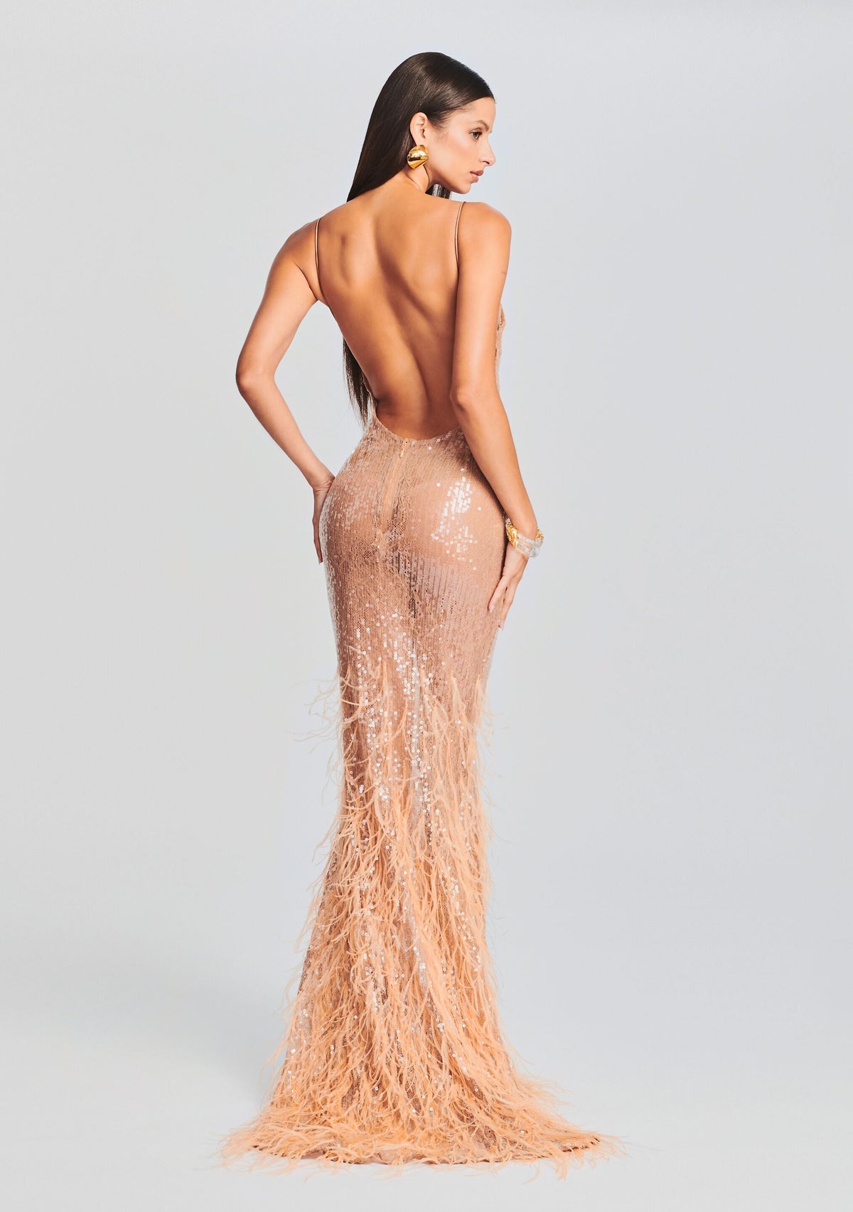 Odessa Sequin Feather Dress by retrofête in Tannin, product image 4