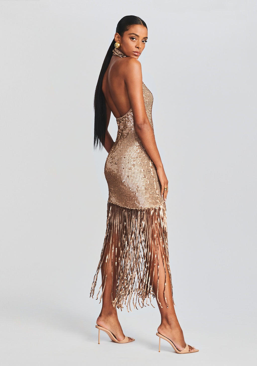 Renzo Sequin Fringe Crochet Dress by retrofête in Metallic Tannin, product image 3