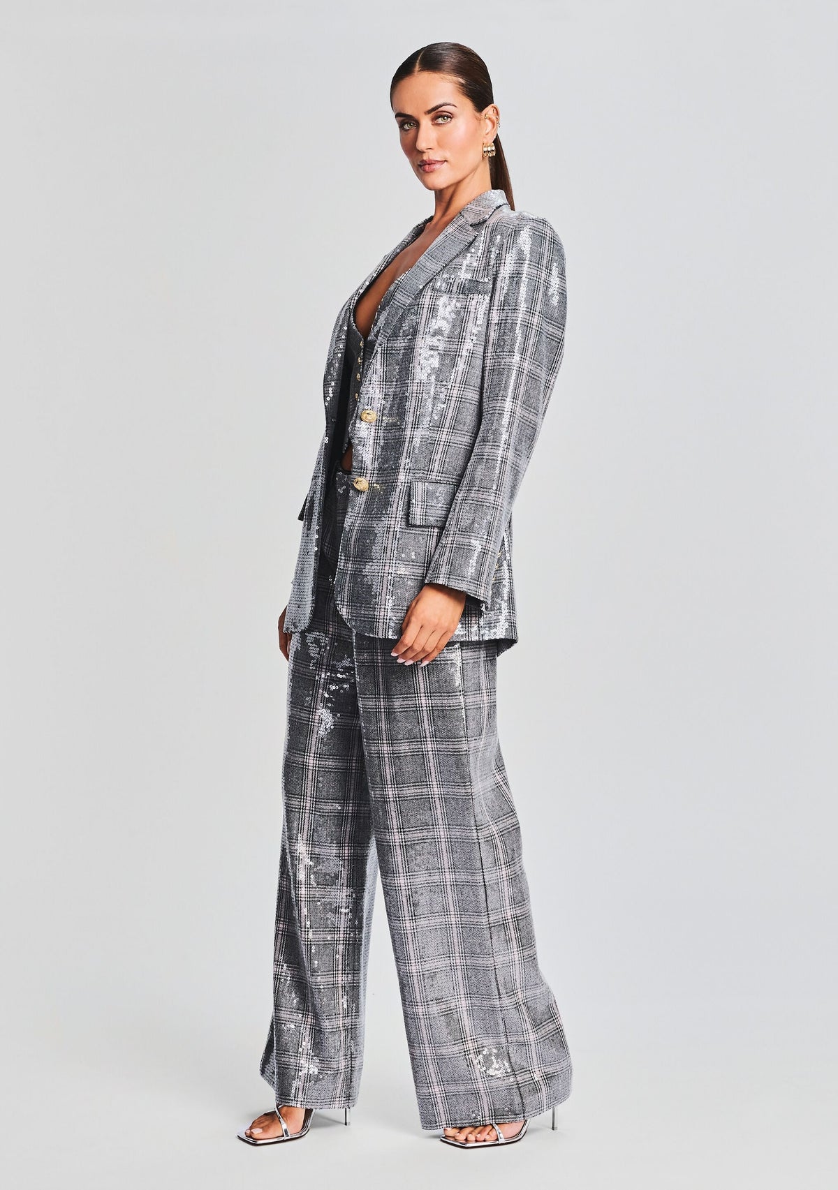 Enid Sequin Blazer by retrofête in Grey Plaid, product image 3