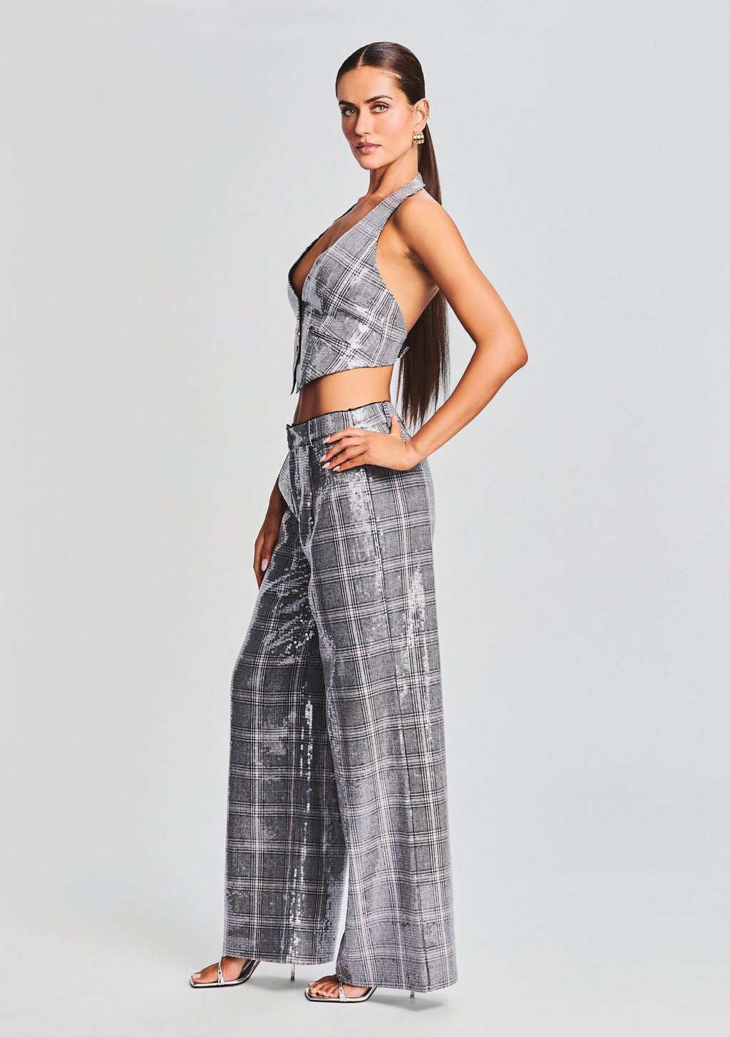 Fleur Sequin Pant by retrofête in Grey Plaid, product image 3