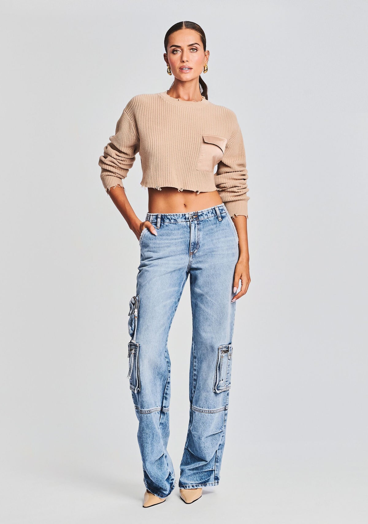 Mid Cropped Devin Sweater by SEROYA in Tan, product image 2
