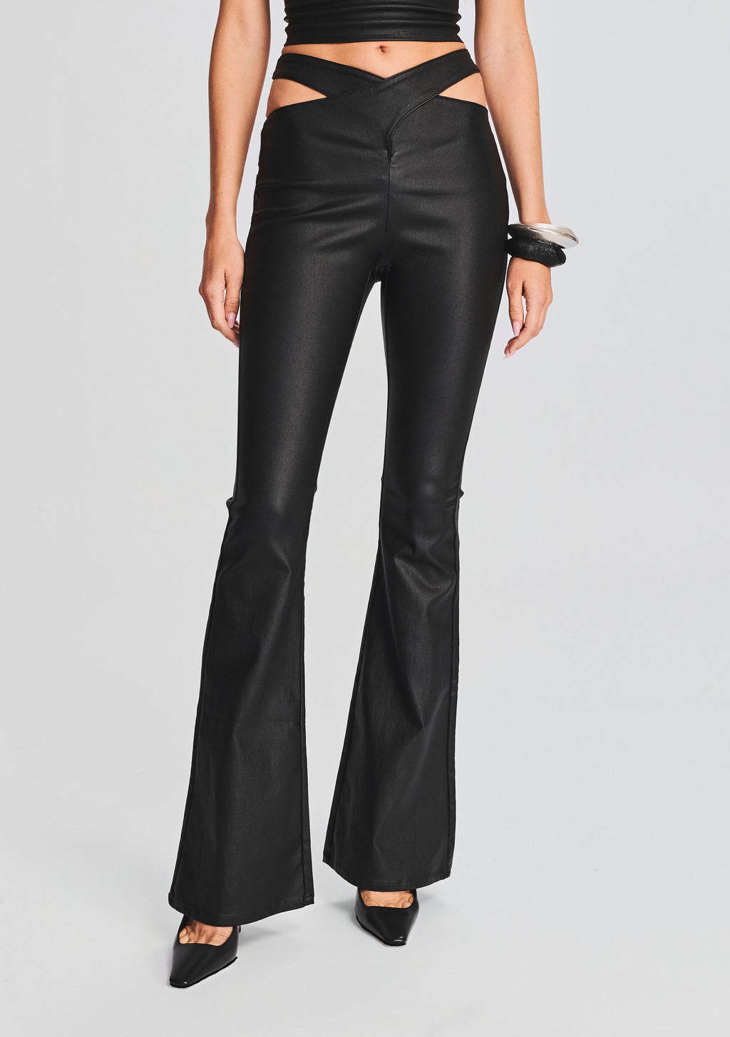 Sloane Coated Denim Flare Jean by SEROYA in Coated Black, product image 1