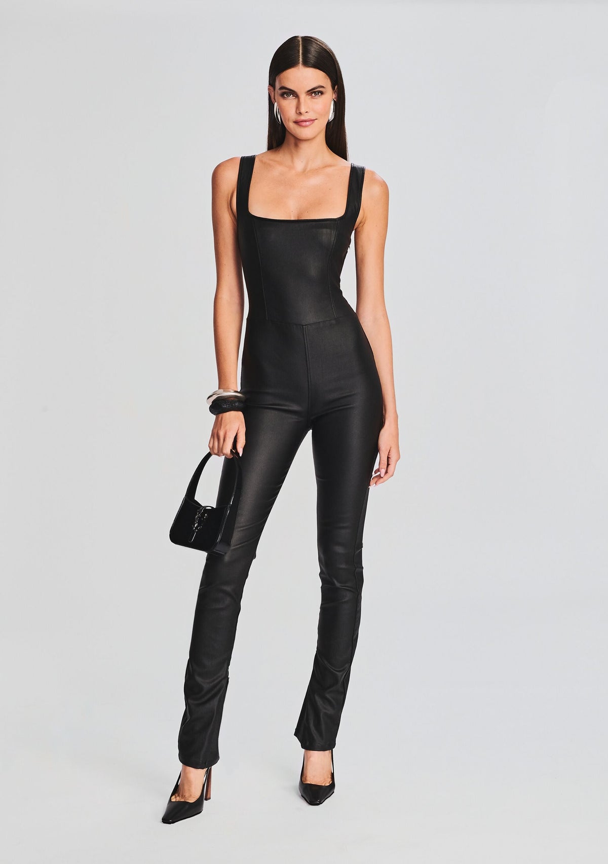 Viper Coated Denim Catsuit by SEROYA in Coated Black, product image 1