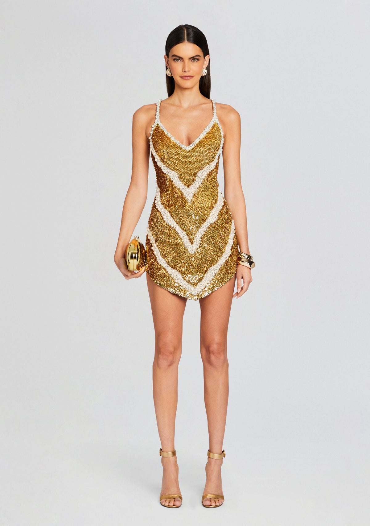 Inessa Feather Sequin Dress by retrofête in Gold/White, product image 1