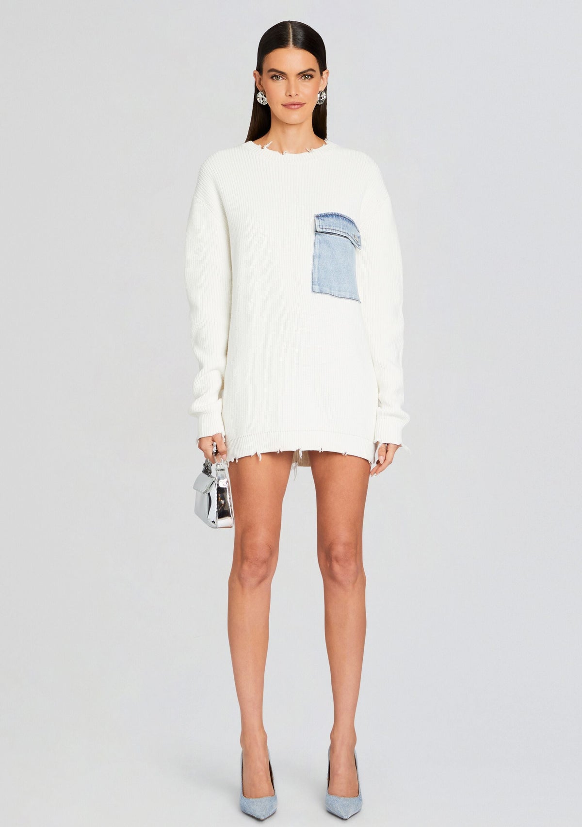 Damien Sweater by SEROYA in White W/ Denim, product image 5