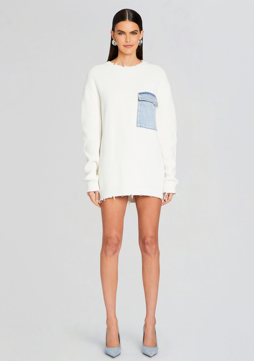 Damien Sweater by SEROYA in White W/ Denim, product image 1