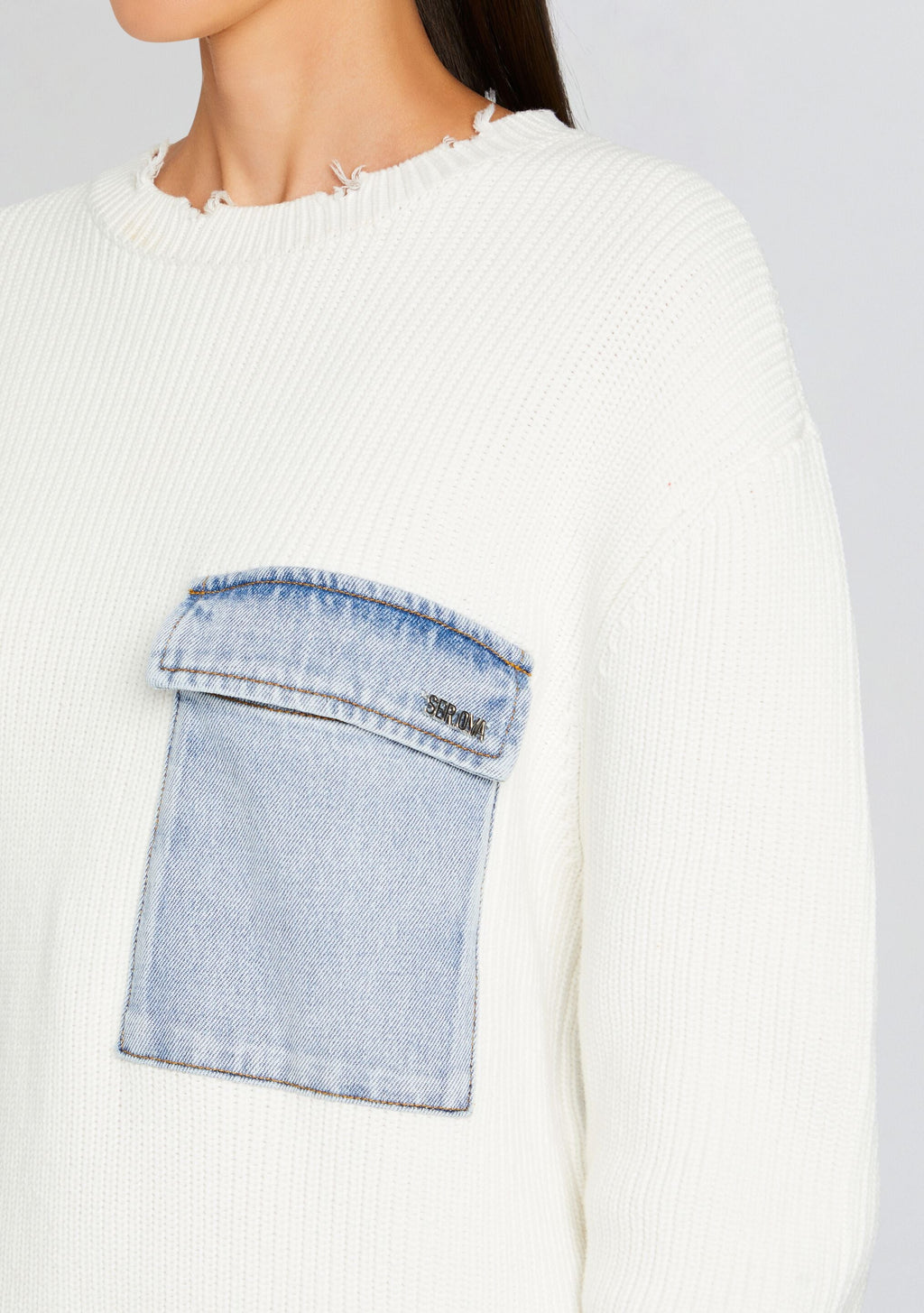 Damien Sweater by SEROYA in White W/ Denim, product image 2
