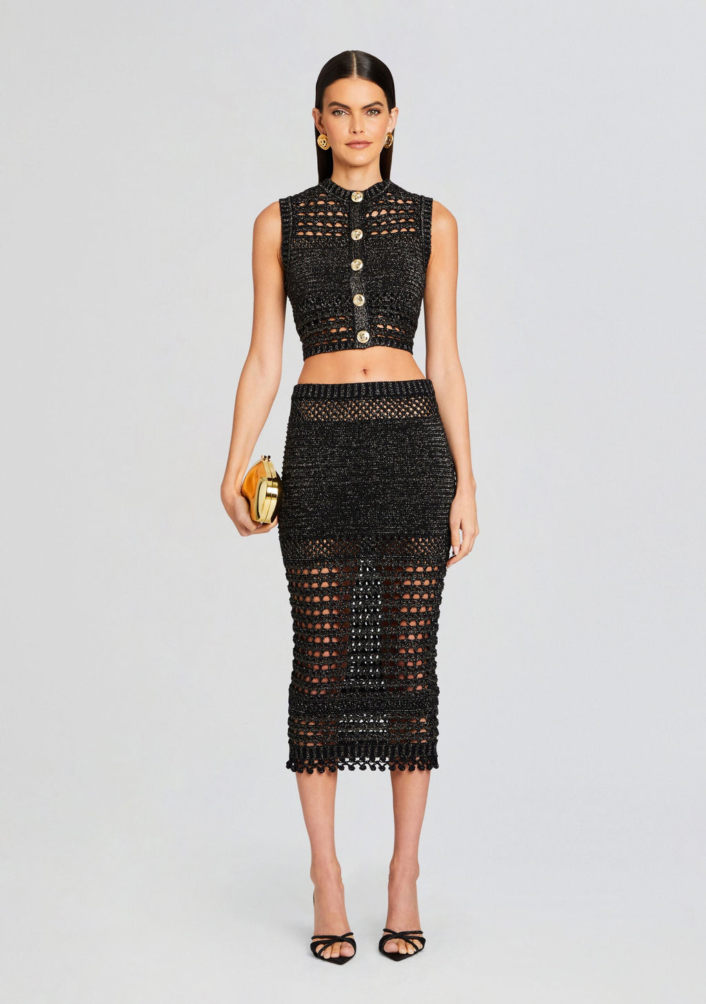 Delma Knit Crochet Top by retrofête in Black/Gold, product image 5