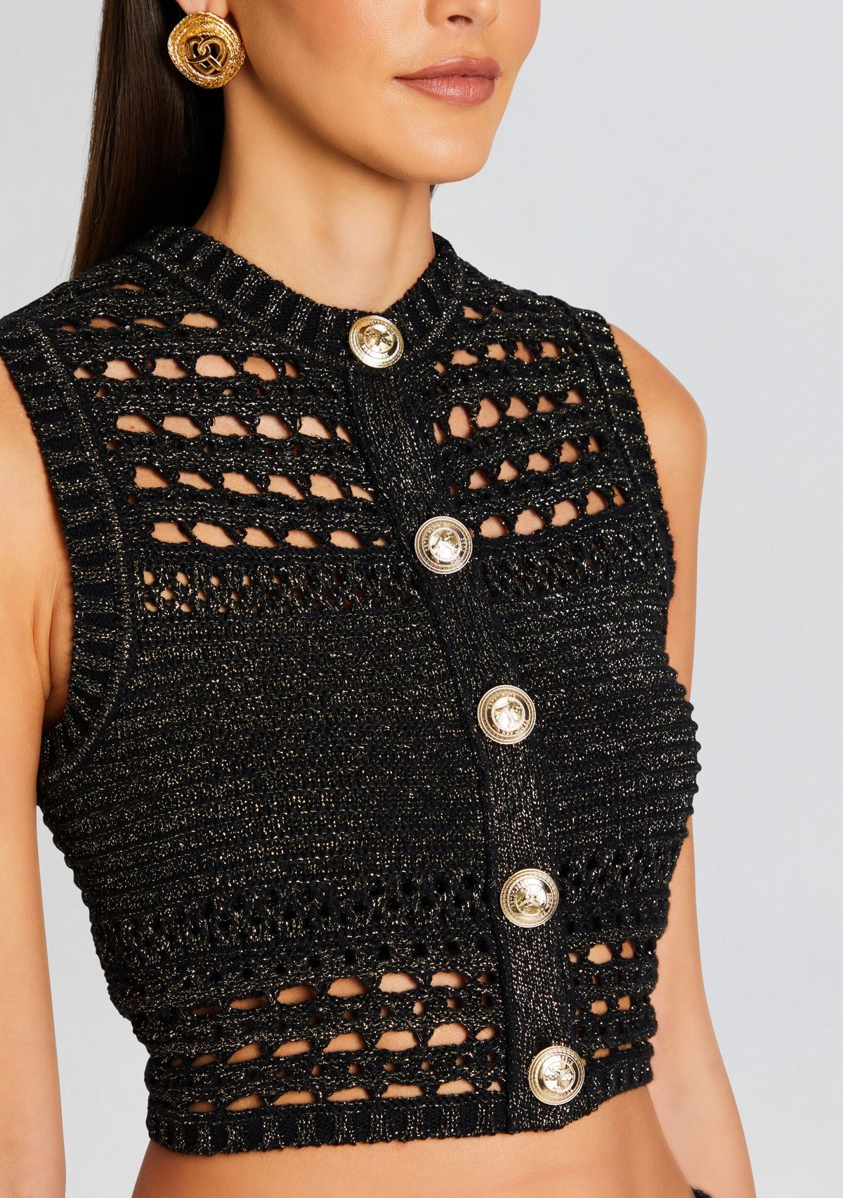 Delma Knit Crochet Top by retrofête in Black/Gold, product image 2