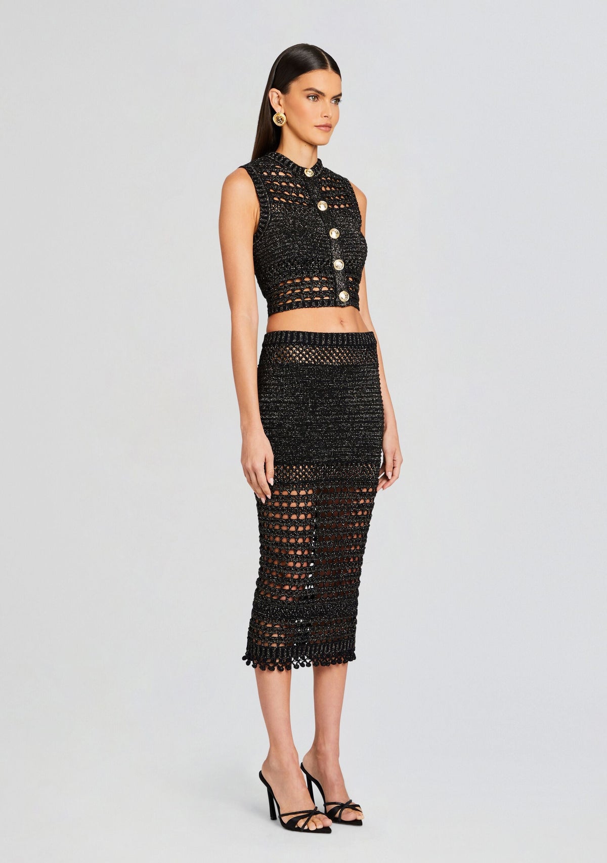 Delma Knit Crochet Top by retrofête in Black/Gold, product image 3
