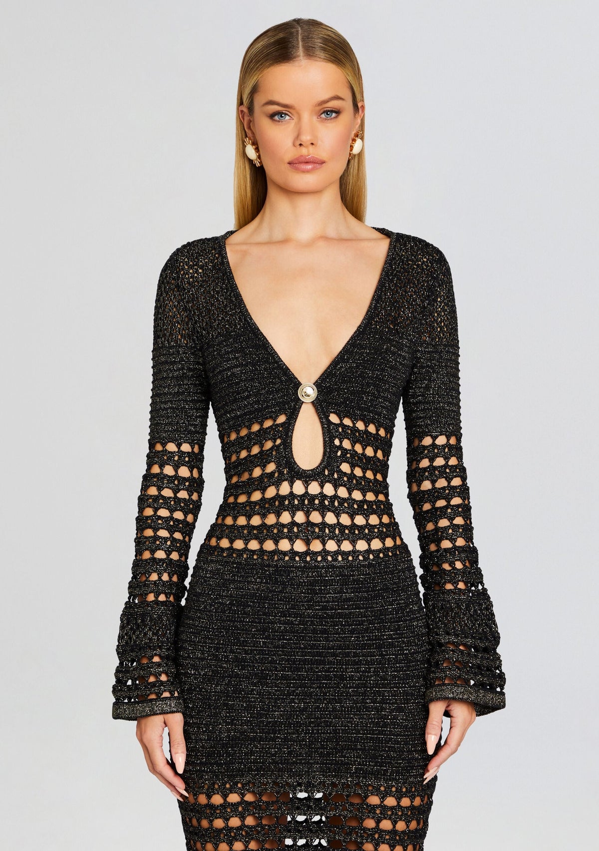 Elvana Knit Crochet Dress by retrofête in Black/Gold, product image 5