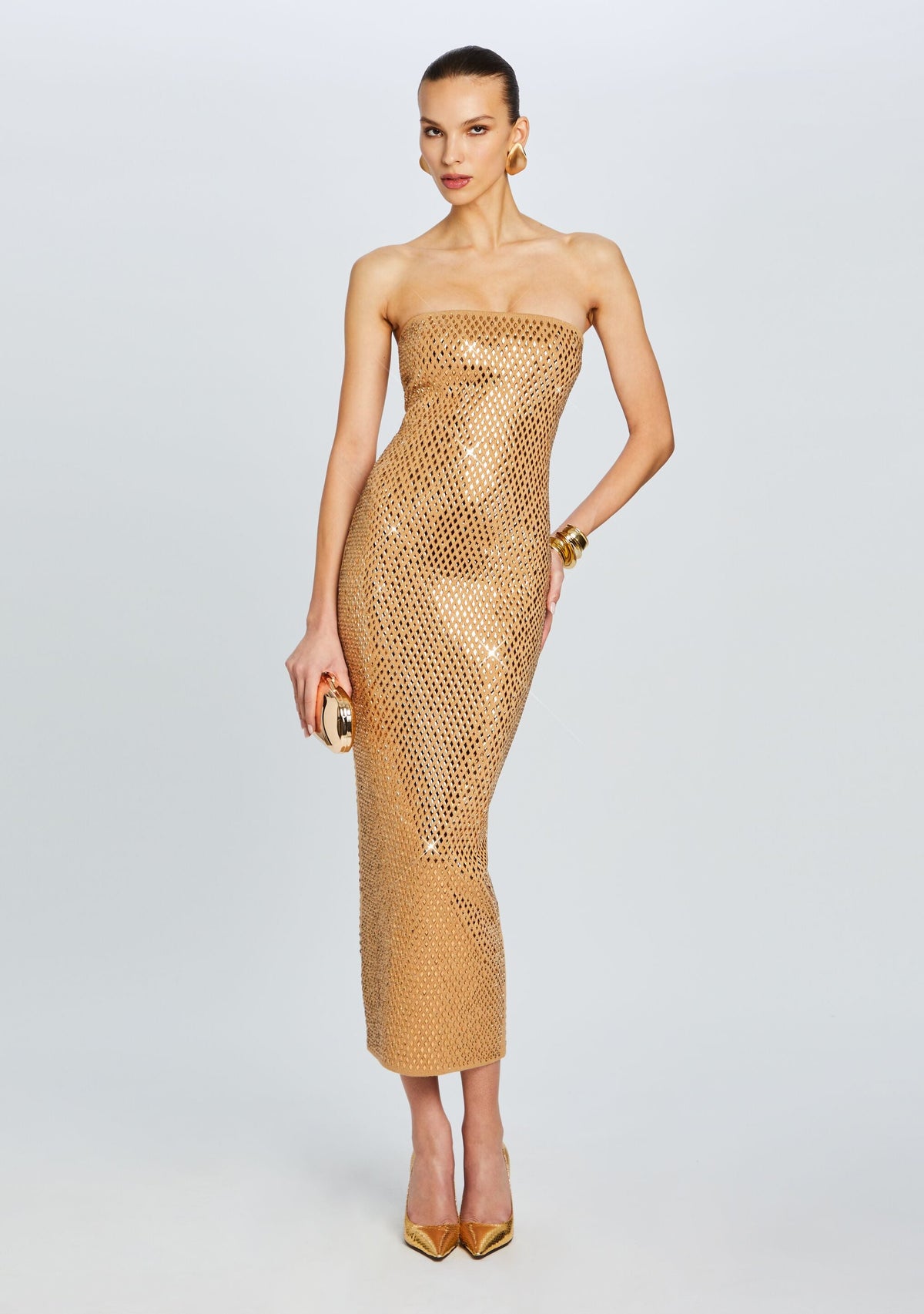 Boa Embellished Knit Dress by retrofête in Iridescent Gold, product image 1