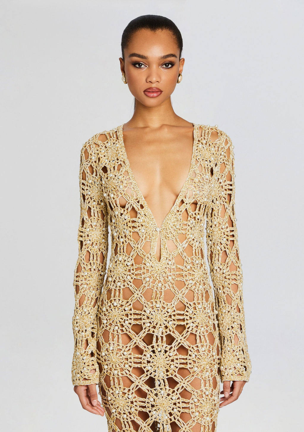 Yesly Metallic Crochet Dress by retrofête in Metallic Gold, product image 5