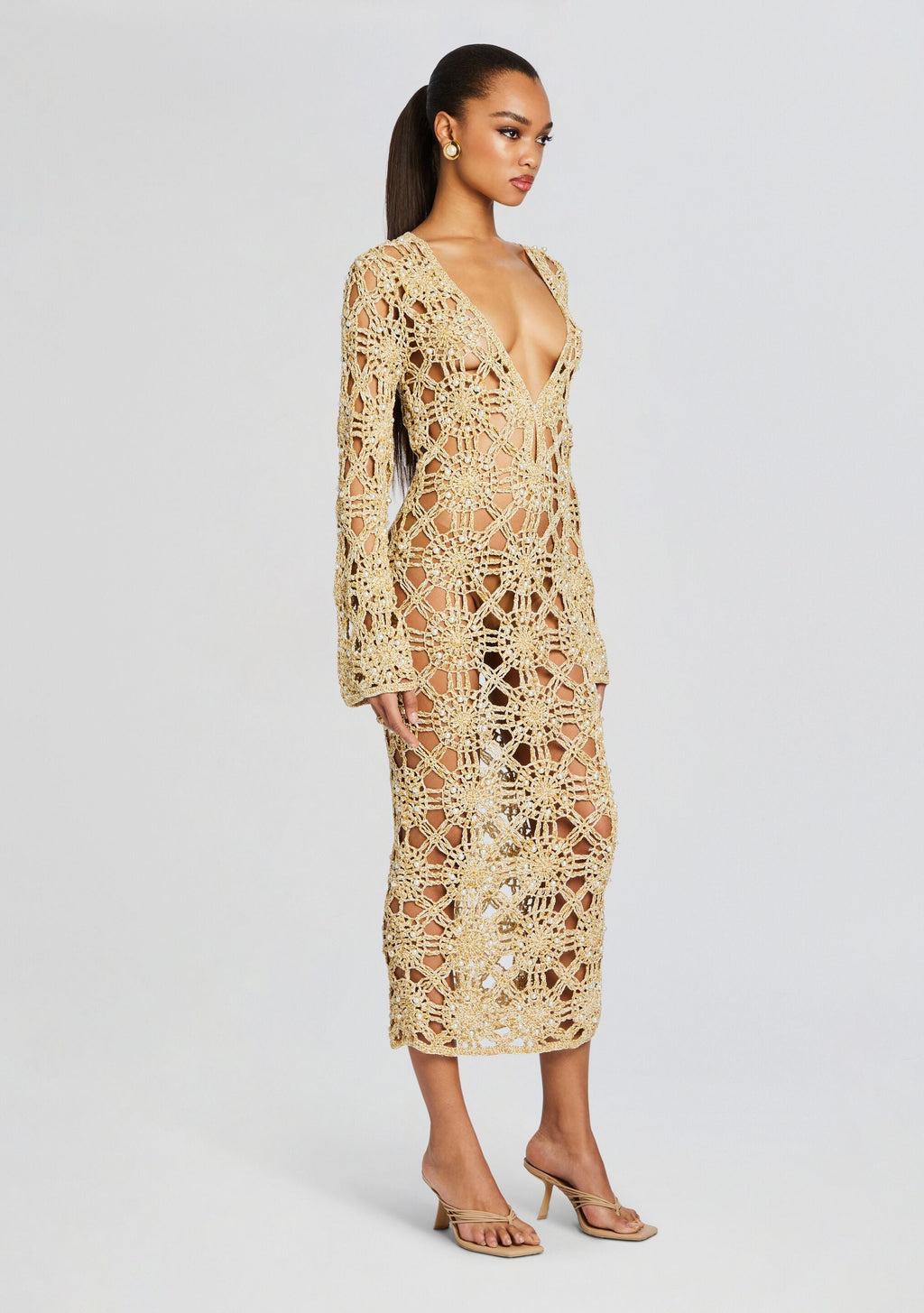 Yesly Metallic Crochet Dress by retrofête in Metallic Gold, product image 3