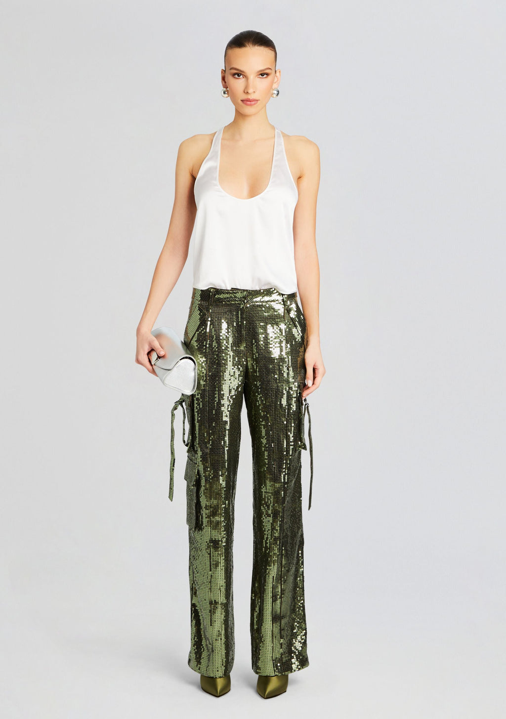 André Cargo Sequin Pant by retrofête in Military Green Sequin, product image 5