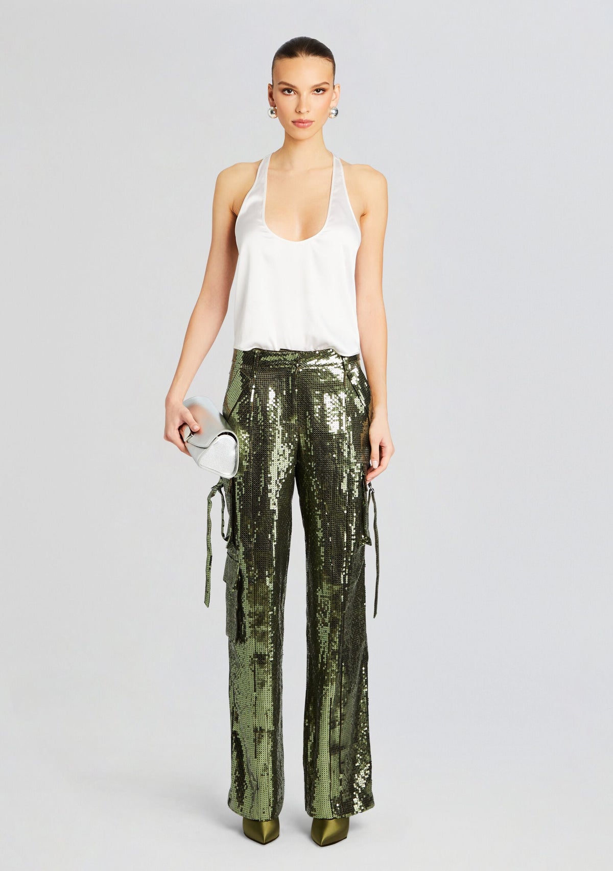 André Cargo Sequin Pant by retrofête in Military Green Sequin, product image 5