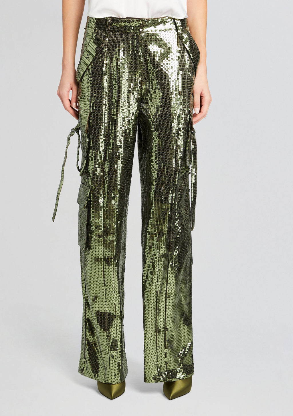 André Cargo Sequin Pant by retrofête in Military Green Sequin, product image 1