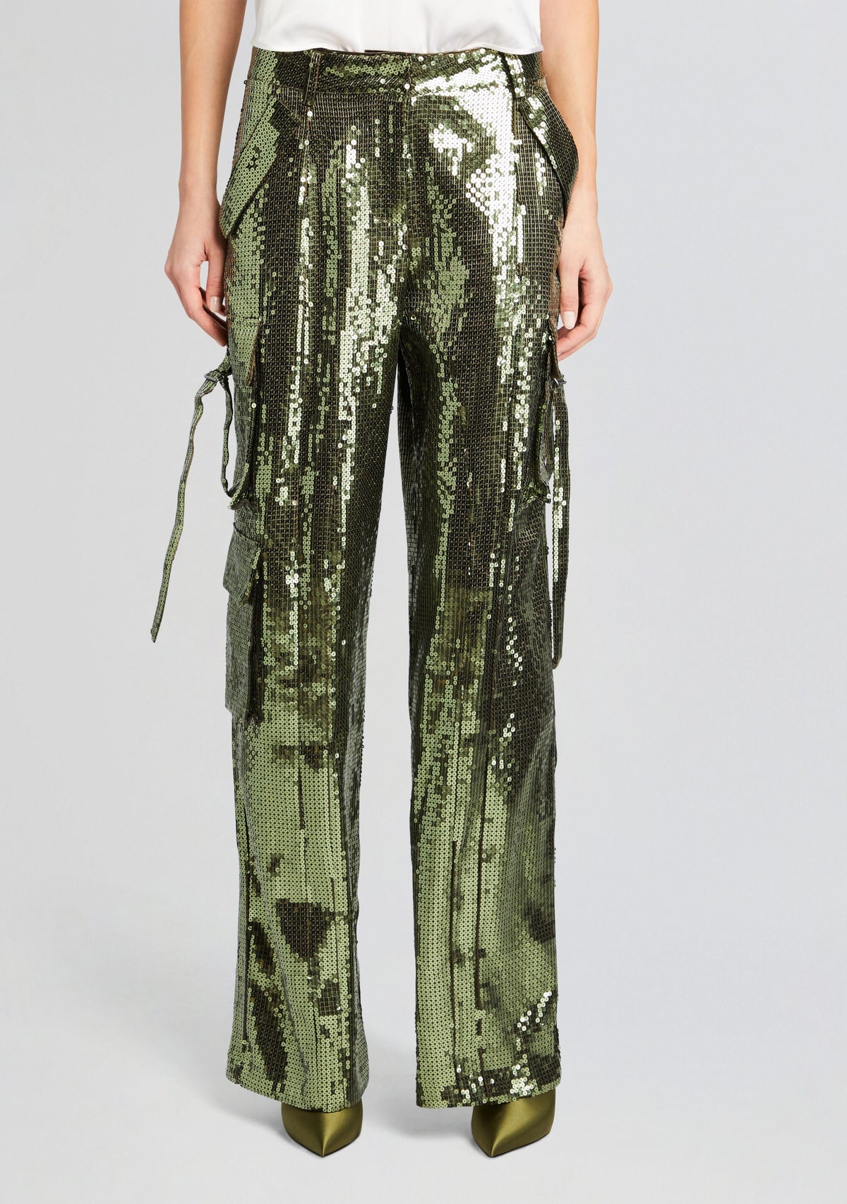 André Cargo Sequin Pant by retrofête in Military Green Sequin, product image 1