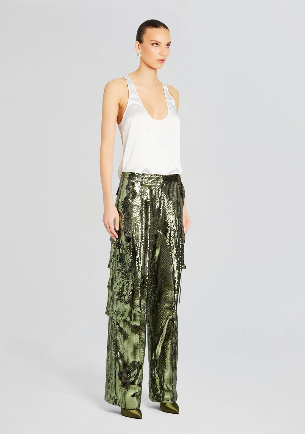 André Cargo Sequin Pant by retrofête in Military Green Sequin, product image 3