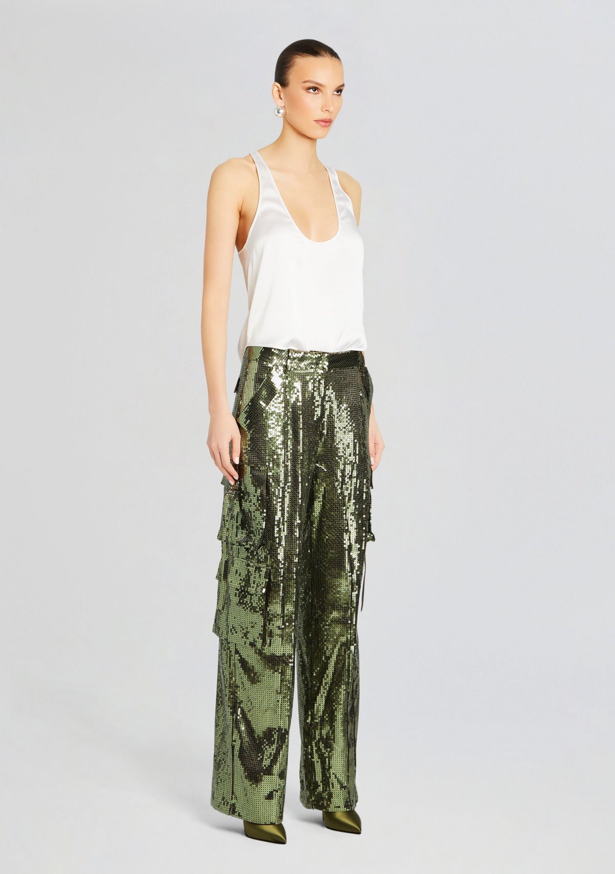 André Cargo Sequin Pant by retrofête in Military Green Sequin, product image 3