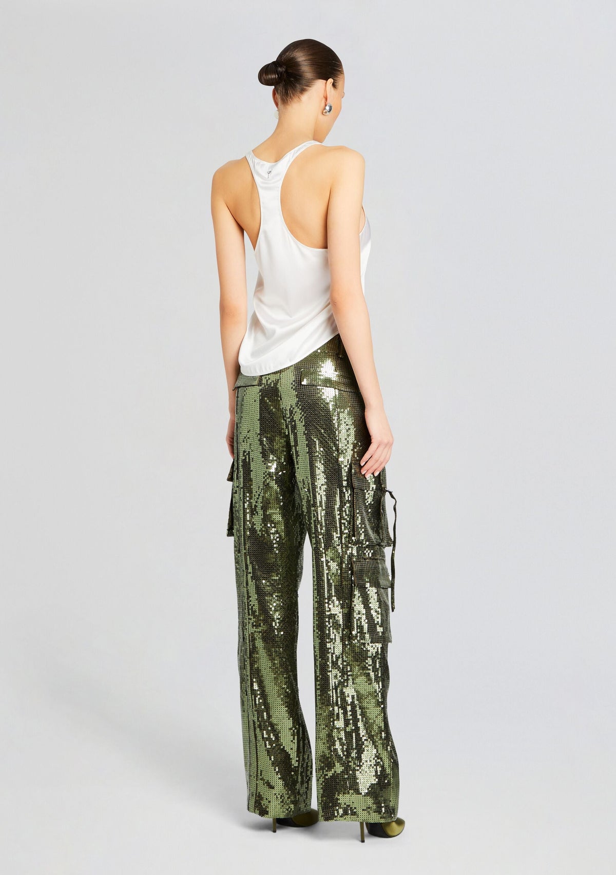 André Cargo Sequin Pant by retrofête in Military Green Sequin, product image 4