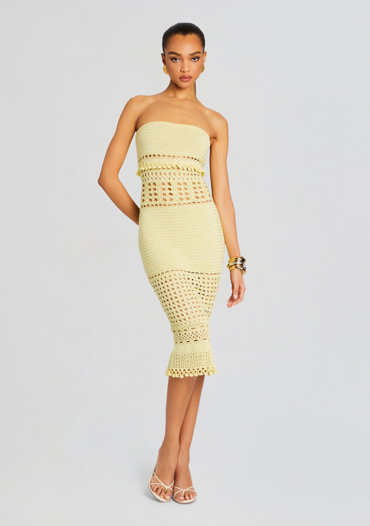 Caroline Metallic Crochet Dress by retrofête in Metallic Buttercream, product image 1
