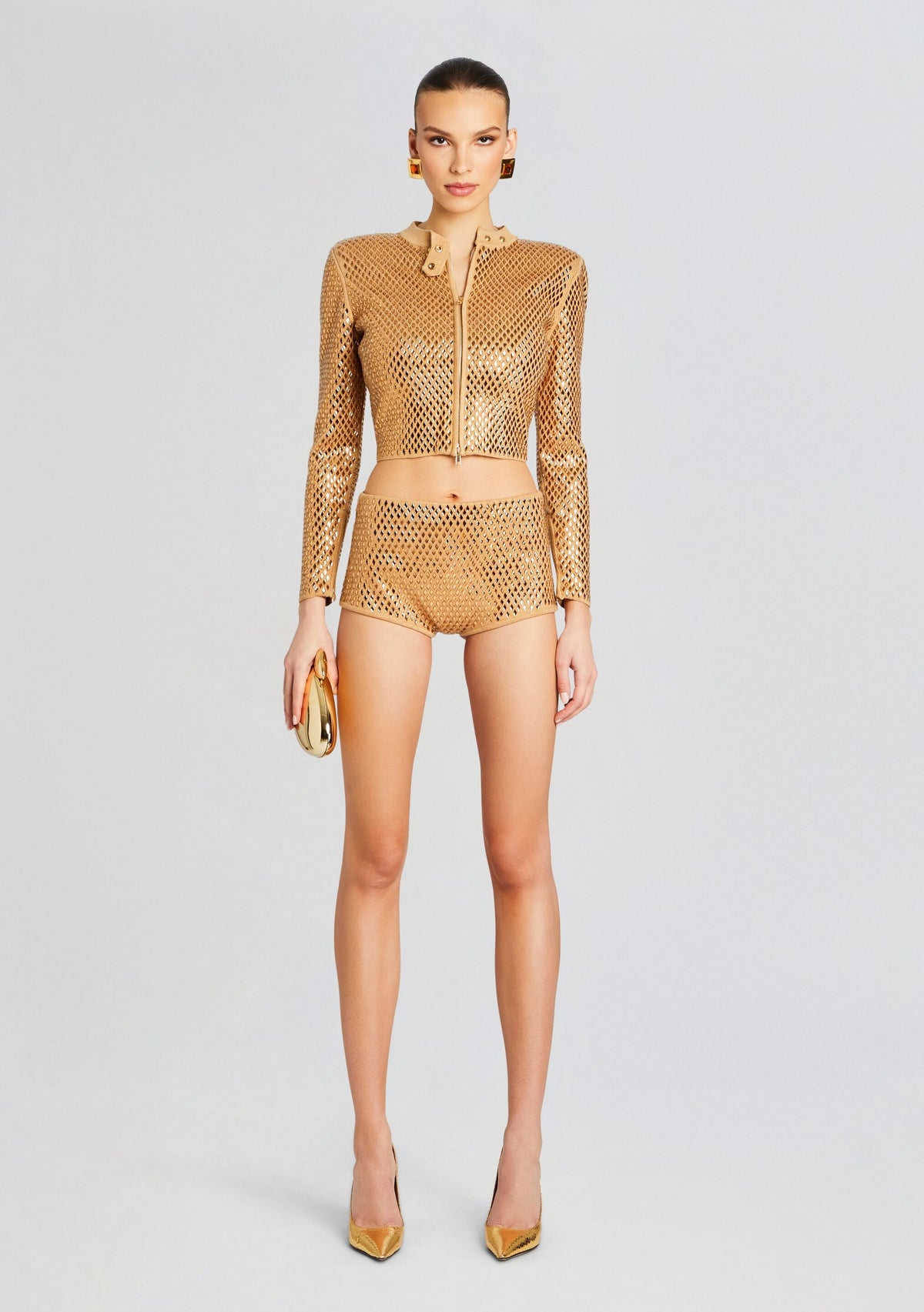 Mali Embelllished Metallic Knit Jacket by retrofête in Gold/Metallic Nude, product image 5