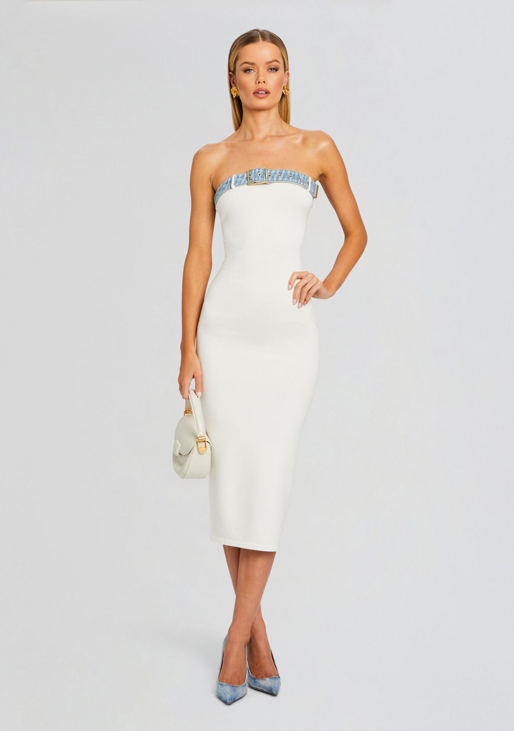 Blanche Knit Denim Dress by SEROYA in White/Coastline, product image 5