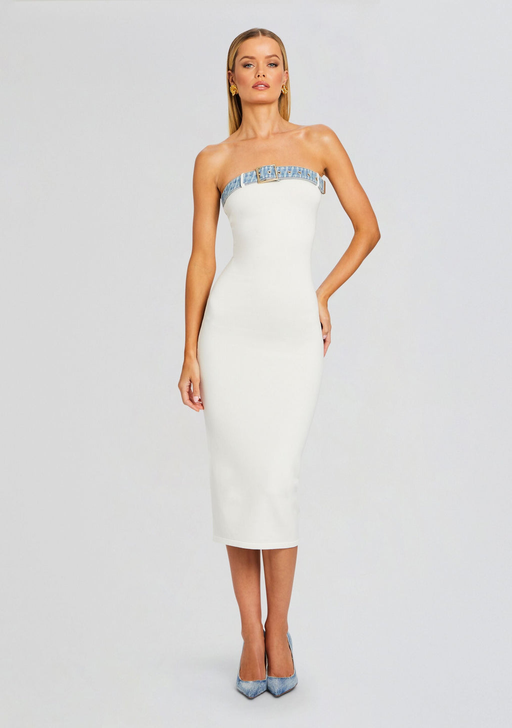 Blanche Knit Denim Dress by SEROYA in White/Coastline, product image 1