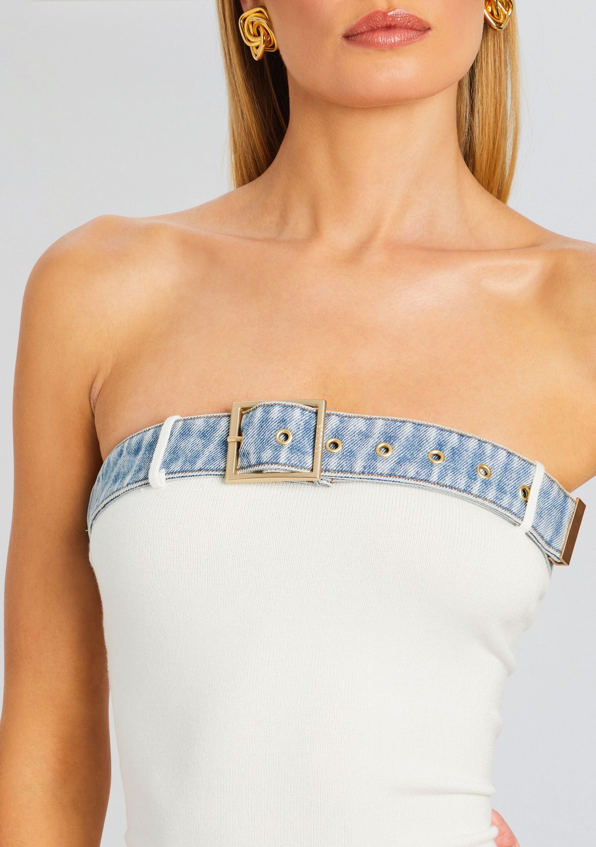 Blanche Knit Denim Dress by SEROYA in White/Coastline, product image 2