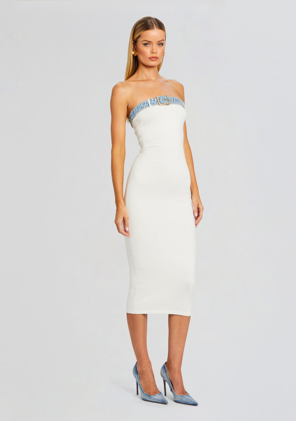 Blanche Knit Denim Dress by SEROYA in White/Coastline, product image 3