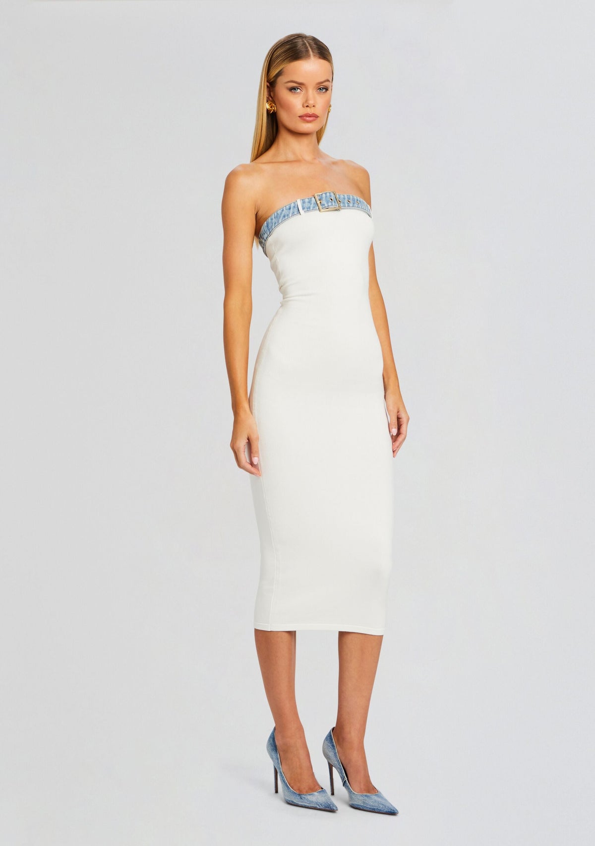 Blanche Knit Denim Dress by SEROYA in White/Coastline, product image 3