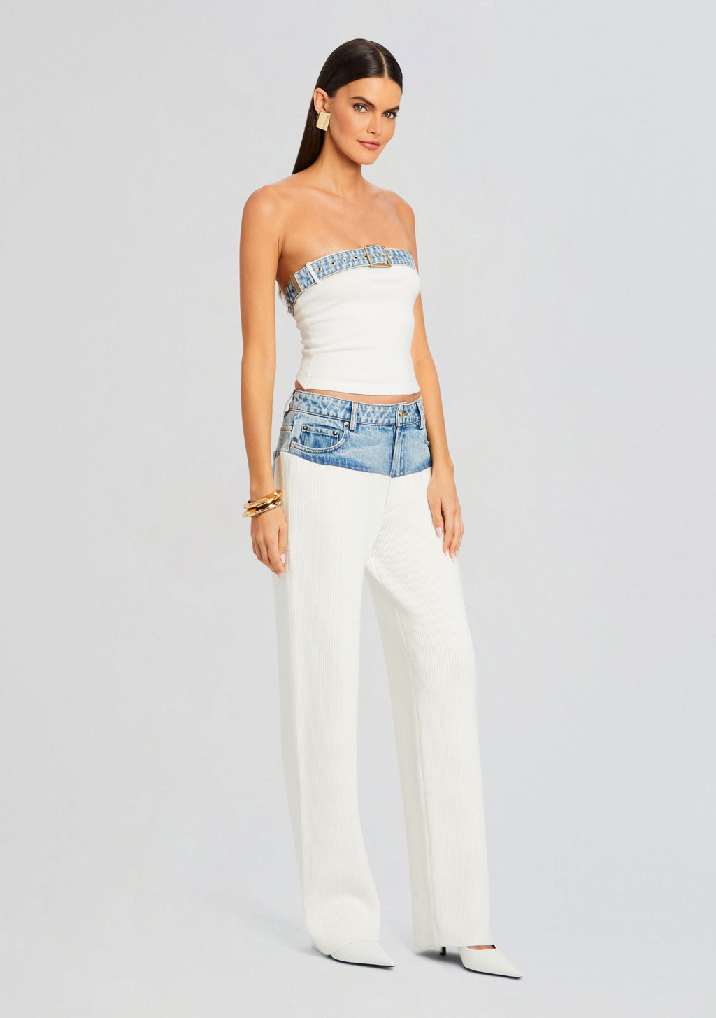 Chani Knit Denim Pant by SEROYA in White/Coastline, product image 4