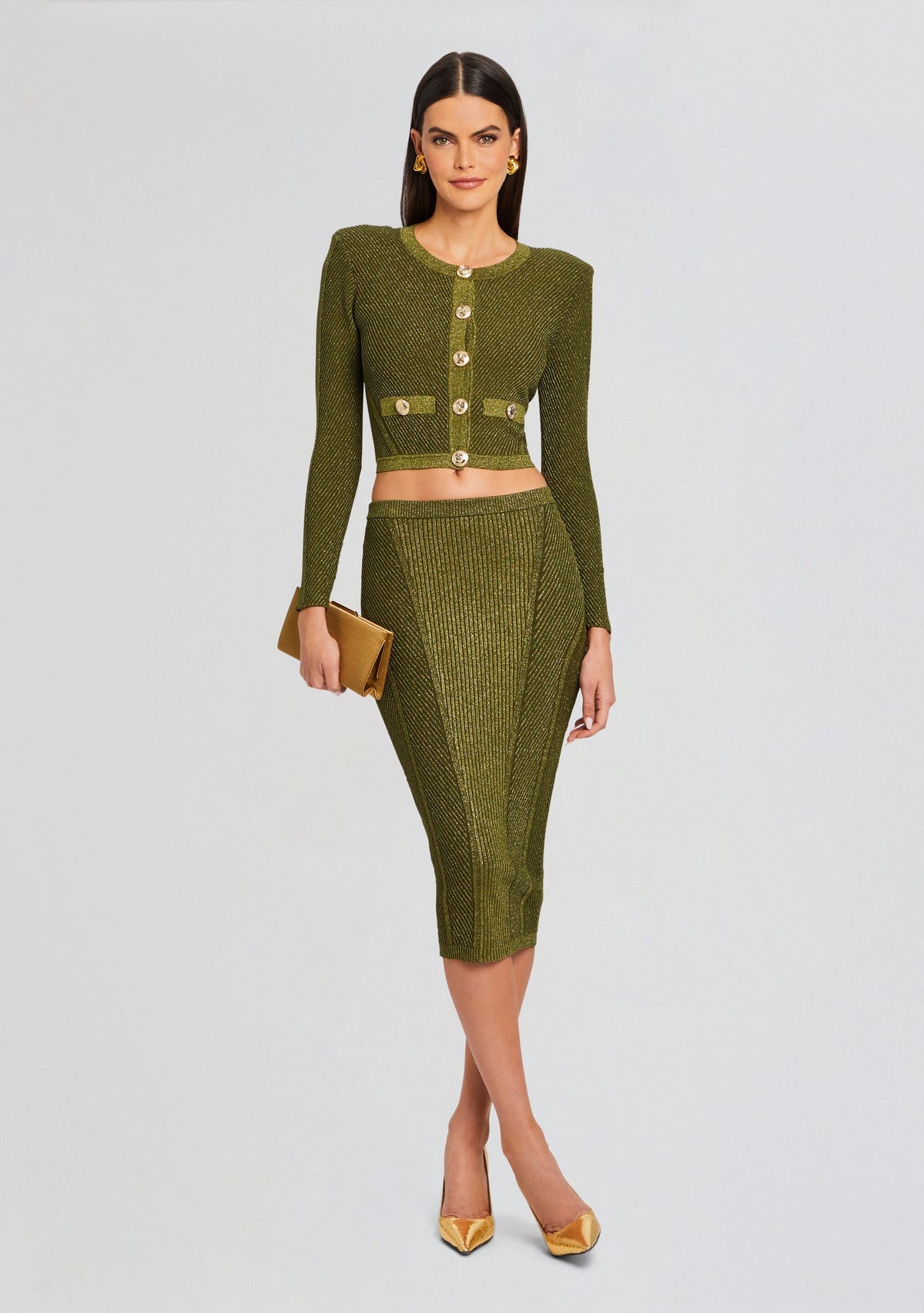 Posie Metallic Rib Knit Skirt by retrofête in MetallicMilitaryGrn, product image 2