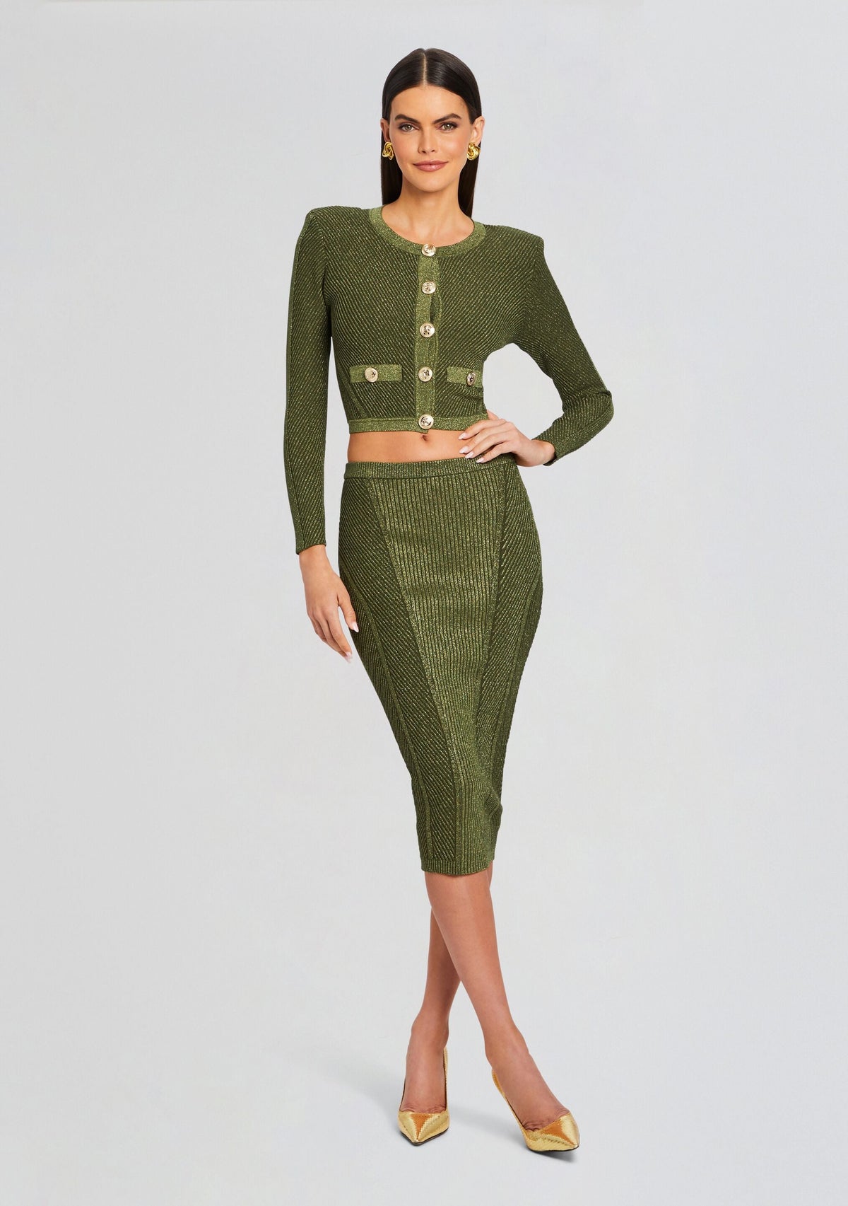 Posie Metallic Rib Knit Skirt by retrofête in MetallicMilitaryGrn, product image 5