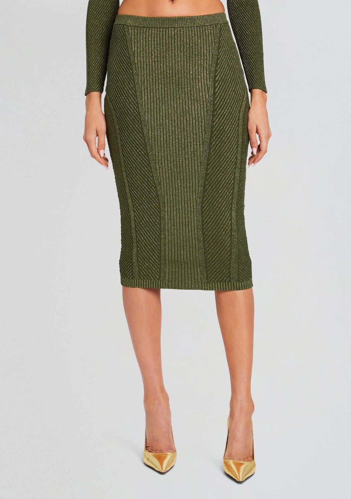 Posie Metallic Rib Knit Skirt by retrofête in MetallicMilitaryGrn, product image 1