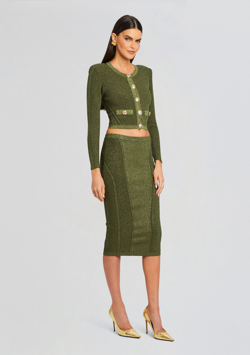 Posie Metallic Rib Knit Skirt by retrofête in MetallicMilitaryGrn, product image 3