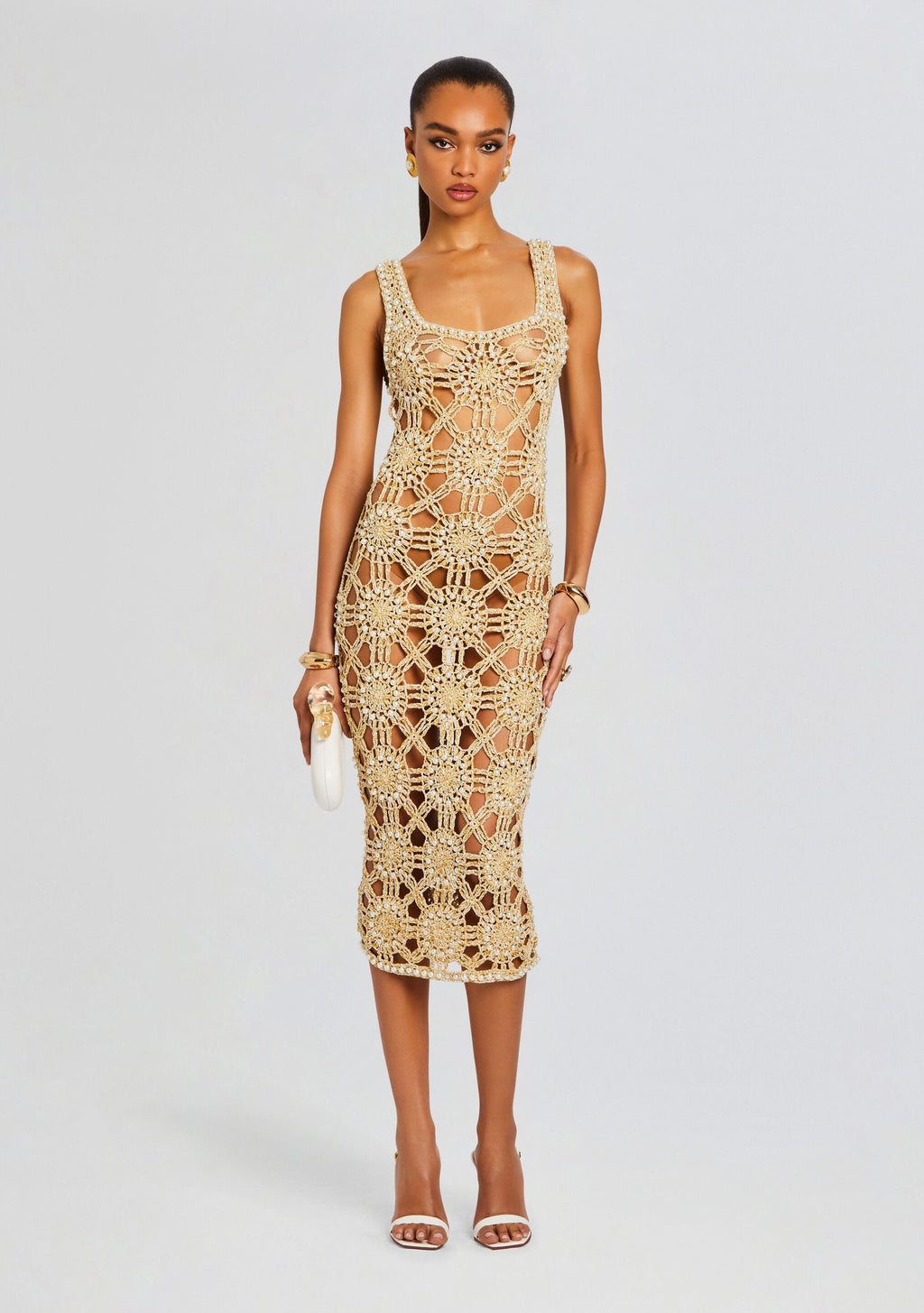 Saffron Knit Crochet Dress by retrofête in Metallic Gold, product image 1