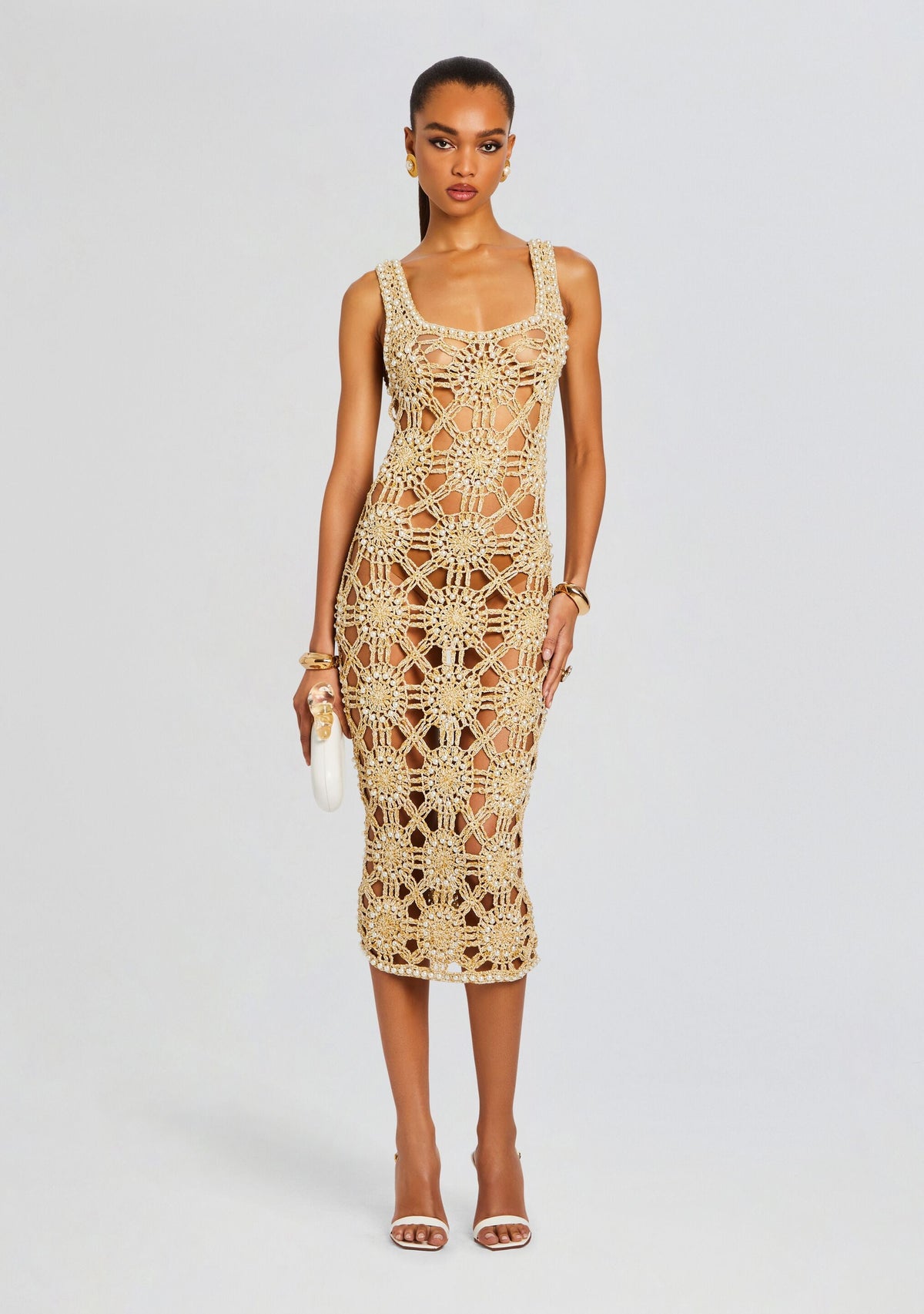 Saffron Knit Crochet Dress by retrofête in Metallic Gold, product image 1