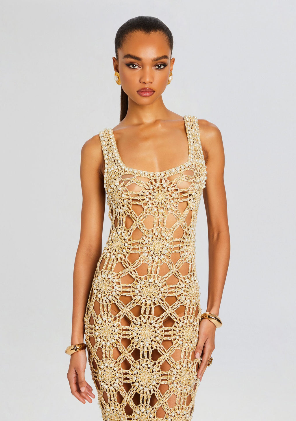Saffron Knit Crochet Dress by retrofête in Metallic Gold, product image 5