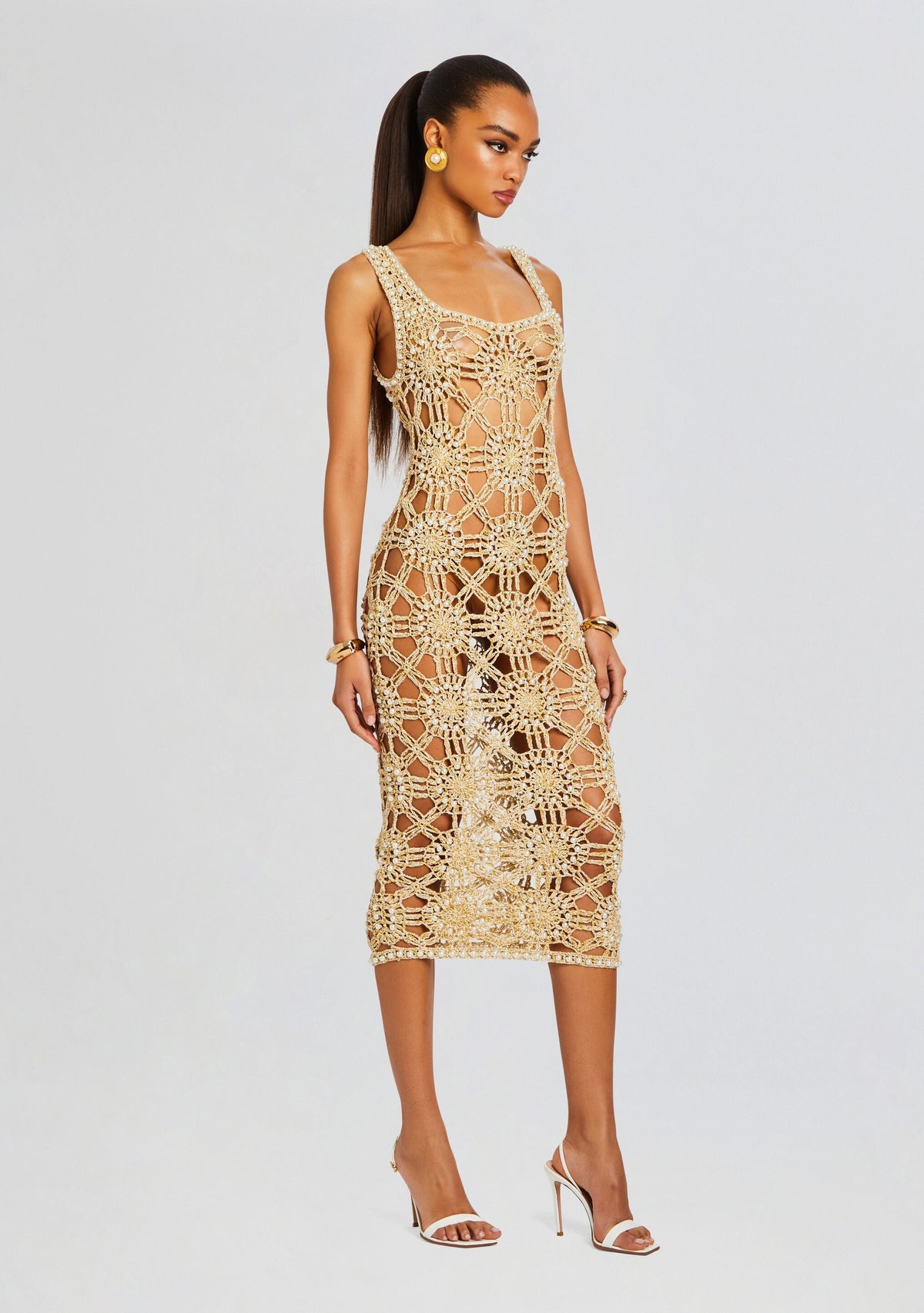 Saffron Knit Crochet Dress by retrofête in Metallic Gold, product image 3