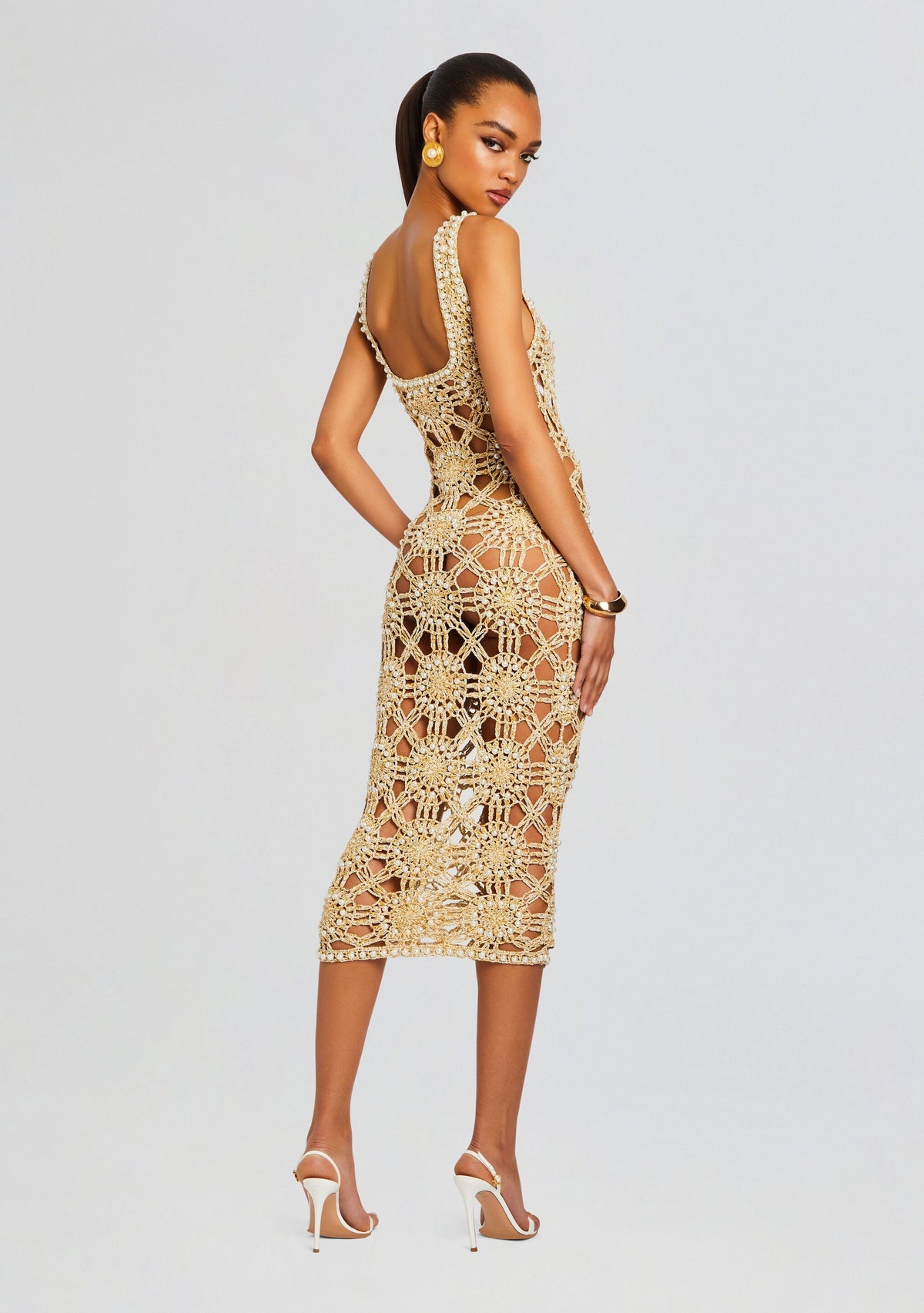 Saffron Knit Crochet Dress by retrofête in Metallic Gold, product image 4